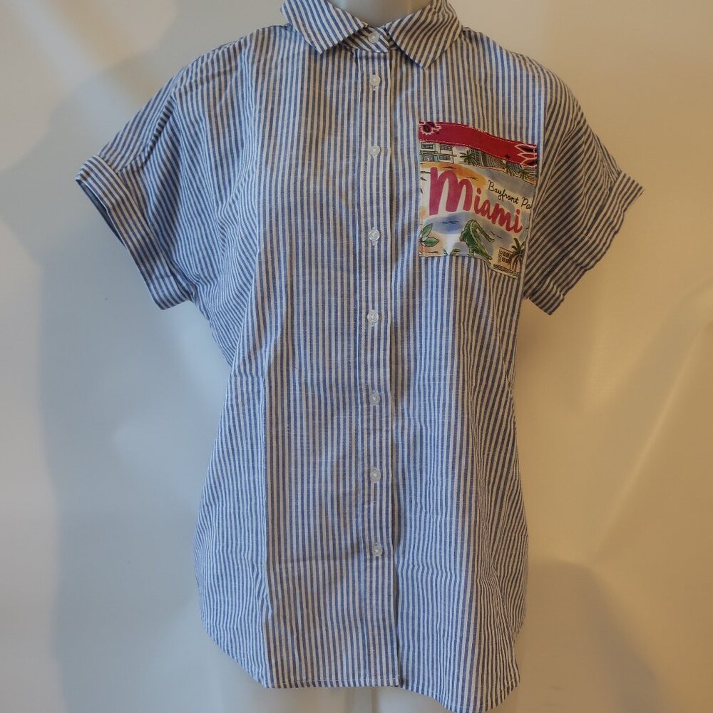 NWT Womens Romi Basha Blue, White Striped "Miami" Button Down Shirt XS*